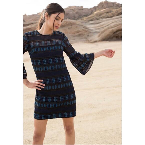 NWT Trina Turk Dreamland Lace Dress Black/Blue Fluted Sleeves Sz 0 - Picture 1 of 10